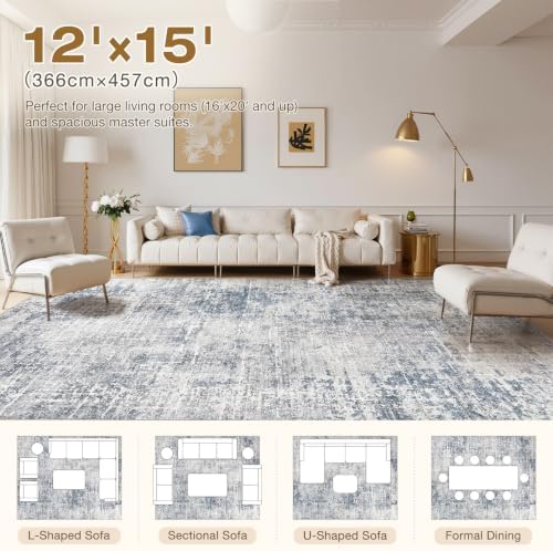 kakania Abstract 12x15 Area Rugs for Living Room: Washable Rugs Blue Grey - Image 2