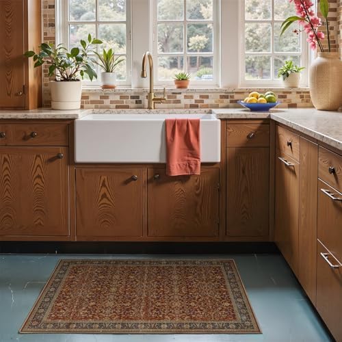 Washable Entryway Rug 2x3, Vintage Print Kitchen Bathroom Rugs Non Slip, Maximalist Small Rug for Bedroom Old Money Aesthetic, Low Pile Ultra Thin Door Mat Indoor Entrance, Deep Burnt Orange - Image 3