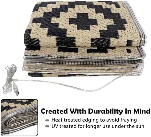 SAND MINE Reversible Mats with Led Strip Lights, Plastic Straw Rug, Modern Area Rug, Large Floor Mat for Outdoors, Patio, Backyard, Deck, Picnic, Camping, Black & Beige, 5' x 8' - Image 4