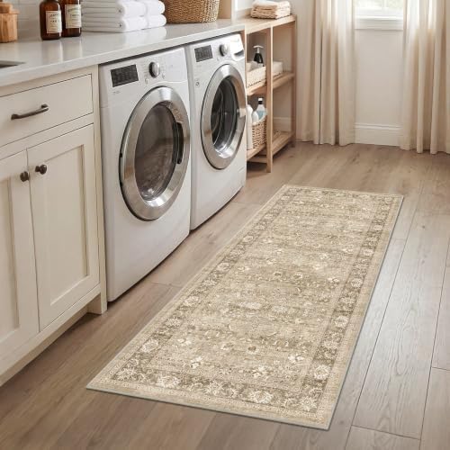 2x5 Washable Kitchen Runner Rug Non-Slip Vintage Khaki Throw Carpet - Image 3