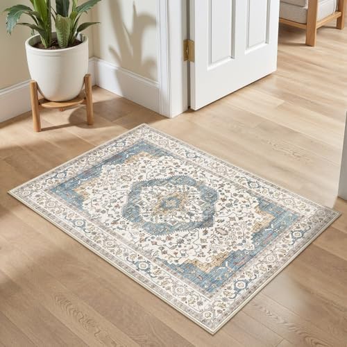2x3 Washable Entryway Rug: Non-Slip Soft Small Indoor Area Rug for Bedroom Kitchen, Low Pile Stain-Resistant Durable Vintage Floral Carpet for Porch Laundry Kids Room Home Decor (Blue) by homewill