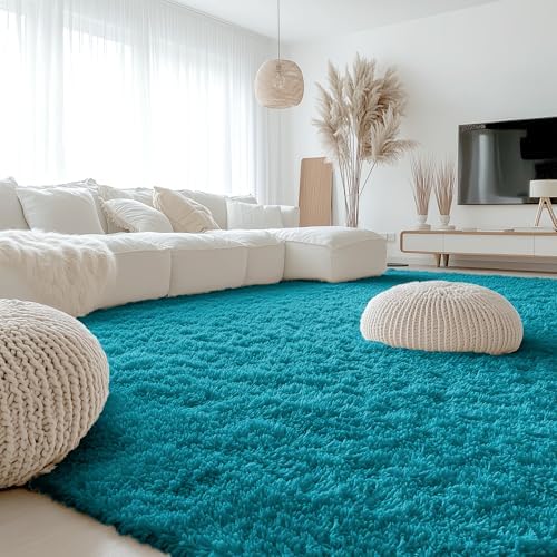 OLANLY 9x12 Machine Washable Large Area Rugs for Living Room, Bedroom, Soft Fluffy Shaggy Bedside Rug, Indoor Floor Carpet for Kids Girls and Boys, Dorms, Nursery, Home Decor Aesthetic, Teal - Image 3