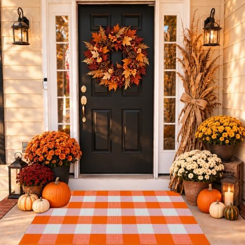 Orange and White Plaid Rug, 24'' x 51'' Fall Front Door Decor Mat, Cotton Washable Hand-Woven Door mat for Layered Doormat, Autumn Halloween Thanksgiving Carpet for Porch, Entryway by Homydecor