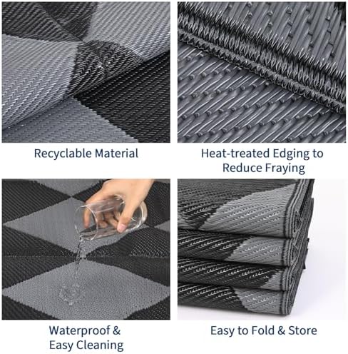 GAOMON Outdoor Rug 8x10 Area Rugs for Patio Waterproof Plastic Straw Rug Reversible Patio Rugs RV Camping Outdoor Carpet for Porch Patio Outside RV Deck Balcony Picnic Beach Decor Trellis-Black/Grey - Image 3