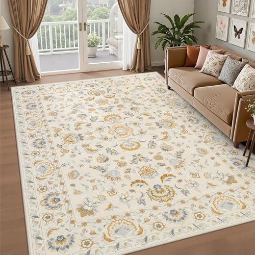 5x7 Area Rug Living Room: Soft Floral Washable Boho Carpet Beige - Image 2