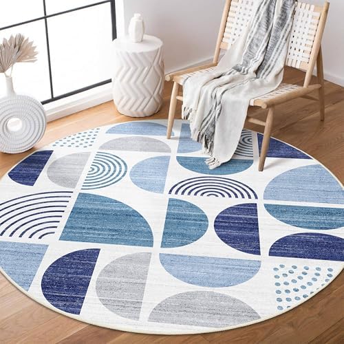 MUJOO Round Rug 4ft Small Circle Area Rug Washable Non Slip Modern Abstract by MUJOO