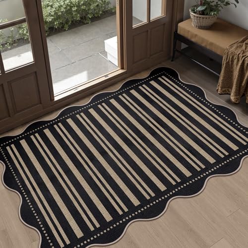 Striped Easy Jute Front Door Mat, 2.6x4 Washable Entryway Rug Non Slip Small Kitchen Rug, Farmhouse Low Pile Floor Scalloped Rugs for Bathroom Porch Doorway by LORWER