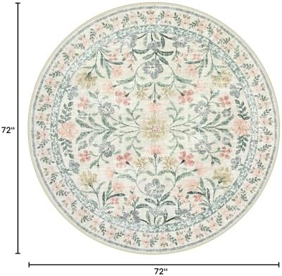 Wonnitar Floral Round Rugs 6ft, Boho Large Machine Washable Circle Rug, Low Pile Soft Flower Botanical Print Beige Round Carpet for Living Room Bedroom Dorm Sunroom - Image 2