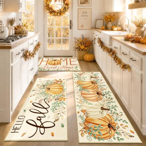Yamaziot Fall Pumpkin Kitchen Rug Set of 3 Autumn Home Decor Beige by Yamaziot