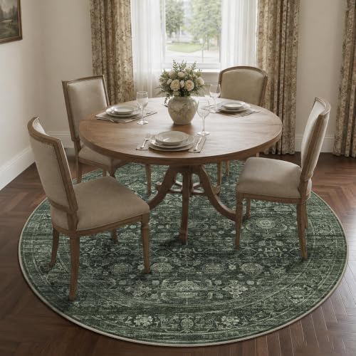 JOOJA 6x6 Dark Green Vintage Low Pile Washable Boho Round Living Room Rug - Image 2