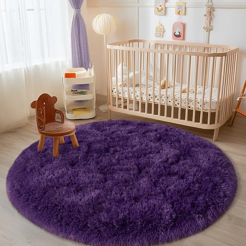 4ft Fluffy Dark Purple Round Rug for Bedroom, Washable Non-Slip - Image 5