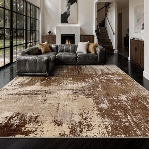 8x10 Rugs for Living Room - Modern Abstract Low Pile Washable Rug, Ultra Soft Non Slip Large Rugs, Floor Carpet for Bedroom Dining Room Office Laundry Nursery Home(Brown) by Yarooge