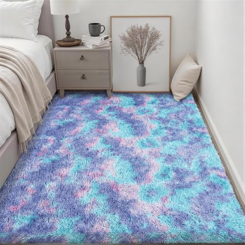 Area Rug Living Room Bedroom: 5x7 Fluffy Plush Shag Carpet Rainbow - Image 3