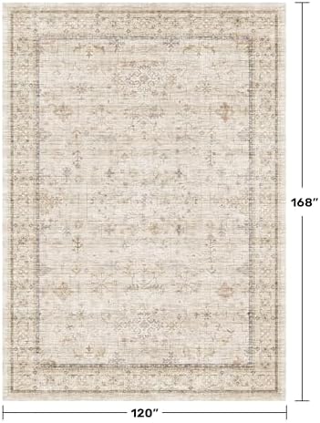 Washable Floral 10x14 Big Living Room Rug, Stain Resistant Foldable Area Rug for Bedroom, Large Dining Room, Farmhouse Neutral Light Beige Décor Indoor, Low Pile Soft Vintage Floor Carpet - Image 2