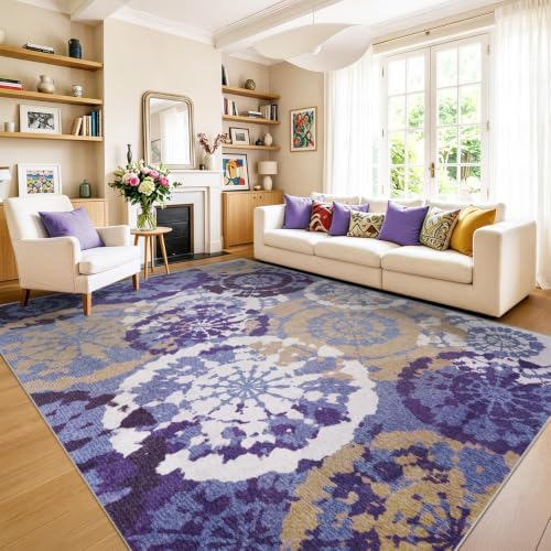 Large Boho Modern 8x10 Area Rug, Lavender Low-Pile Washable Abstract Rug - Image 6