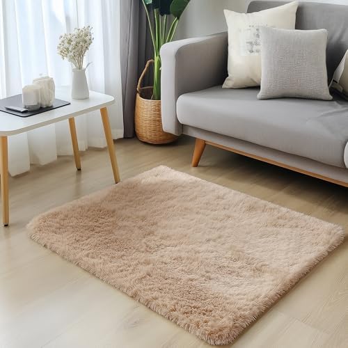 OLANLY 2x3 Machine Washable Small Bedside Rug, Soft Fluffy Shaggy Entryway Throw Rugs for Bedroom, Living Room, Indoor Floor Carpet for Kids Girls and Boys, Nursery Rooms, Home Decor Aesthetic, Beige - Image 3