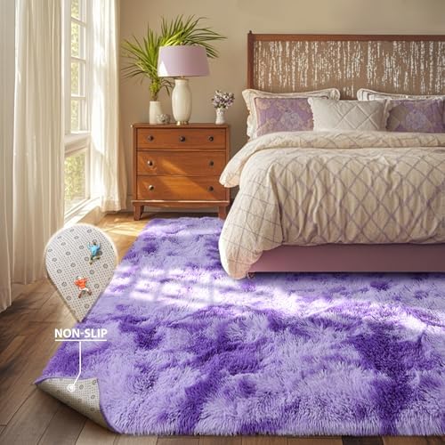 5x7 Purple White Rug Fluffy Living Room Rugs Girls, Plush Soft Fuzzy Area Carpet Non Slip for Bedroom Nursery Kids Girlie Elegant Home Decor Aesthetic - Image 4