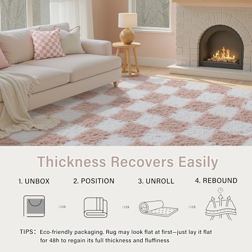 PureCozy Pink Round Rug 6ft for Bedroom Soft Fluffy Checkered Shag Carpet - Image 4