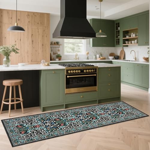 GarveeHome Floral Hallway Runner Rug, 2.5x8 Kitchen Runner Rugs, Washable Non Slip Entryway Rugs Indoor, Ultra-Thin Stain Resistant Carpet Floor Mat for Laundry Room, Black - Image 4