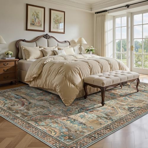 5x7 Area Rugs, Vintage Retro Soft Washable Rug, Non-Slip Low Pile Rugs for Living Room, Bedroom, Dining Room, Stain Resistant Home Decor Rug (Vintage Olive Green) - Image 4