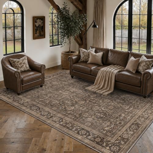 JOOJA 5x8 Dark Brown Vintage Washable Area Rug, Low Pile Living Room Rug - Image 3