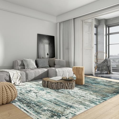 10x14 Area Rugs for Living Room: Washable Abstract Teal Green Carpet - Image 4