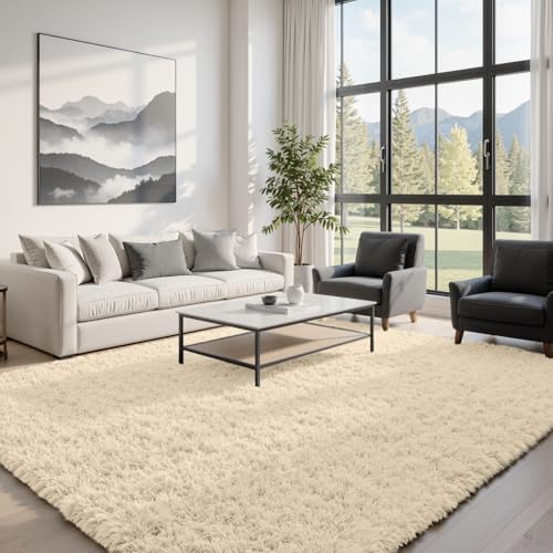 8x10 Fluffy Shag Area Rugs for Living Room Bedroom: Soft Plush Carpet Beige by CarpetAddColortoYourLife