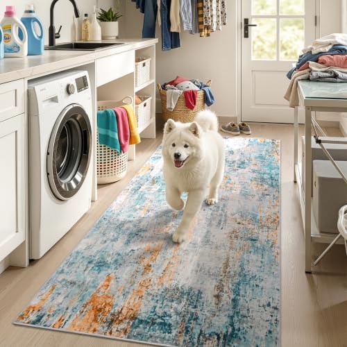 Entryway Rug 3x6 Blue Bedroom Area Rug Washable Non Slip Abstract Boho Rugs for Indoor Entry, Kitchen, Classroom, Bathroom, Kids Girls Room, Office, College Dorm Small Carpet by OmpaaHomeDecor