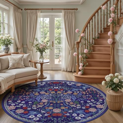 PLHXFR Round Area Rug Living Room: 8 ft Floral Washable Soft Carpet Blue - Image 5