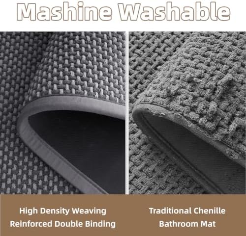 PADOOR-Bath Mat-Super Absorbent Chenille Bathroom Mats-Rubber Backed Bath Mats for Bathroom Non Slip, Easy Clean Bathroom Rugs Front of Bathtub,Shower Room,Sink-20×32, Grey&Darkgrey - Image 5
