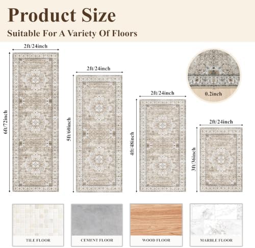 4 Piece Kitchen Rug Set Non-Slip: Washable Boho Kitchen Mats for Floor Soft Low Pile Carpet Runner for Sink,Entryway,Hallway - Vintage Thin Small Throw Rugs for Bathroom(Beige/Brown,2x3+2x4+2x5+2x6) - Image 2