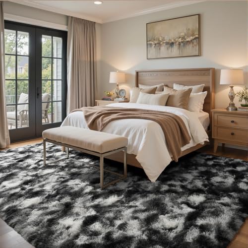 4x6 Ft Shag Area Rug for Bedroom Living Room, Tie-Dyed Ultra Soft Fluffy Furry Rugs for Indoor Floor, Aesthetic Carpet for Kids Home Decor (Black Grey) - Image 3
