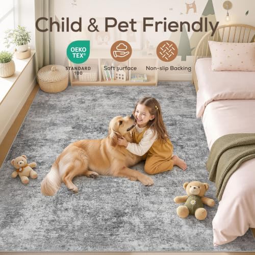Nakagishi 7x9 Area Rugs Living Room: Washable Abstract Large Neutral Soft Rug Stain Resistant Modern Indoor Floor Non-Slip Carpet for Bedroom Nursery Kids Playroom Office Dining Room Dorm- Grey - Image 4
