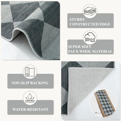 Beeiva Checkered Rug Runner for Hallways 2.5x12, Kitchen Runner Rugs Non Skid Washable Ultra Thin, Moroccan Extra Long Carpet for Bathroom Decor, Modern Plaid Carpet for Kitchen (Blue/Grey) - Image 6