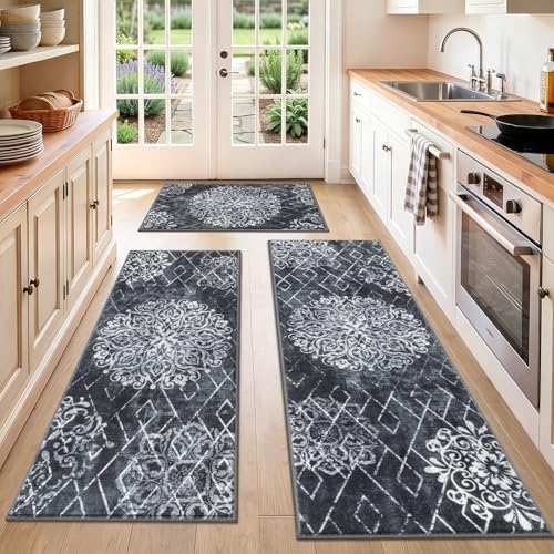 HEBE Boho Kitchen Rugs Set of 3, Non Slip Washable Kitchen Mats for Floor by HEBE
