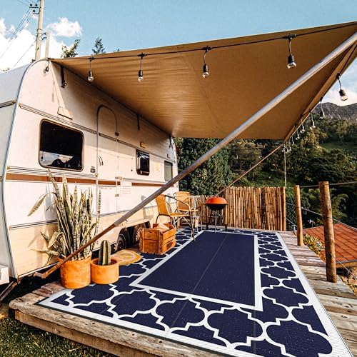 GENIMO Outdoor Rug, Waterproof Plastic Rugs 8'x16' for Camping Blue White - Image 2