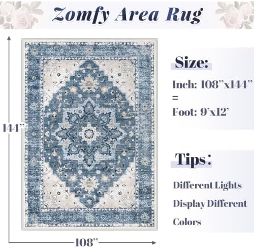 Area Rug 9x12 Vintage Rug: Large Washable Indoor Medallion Rugs Low Pile Distressed Floor Carpet Retro Accent Rug for Living Room Bedroom Kitchen Dining Table Home Office(Blue, 9'x12') - Image 2