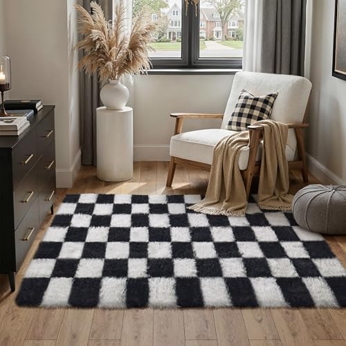 PureCozy Checkered Rug 4x6 for Kids Room Black and White Soft Shag Rugs by PureCozy