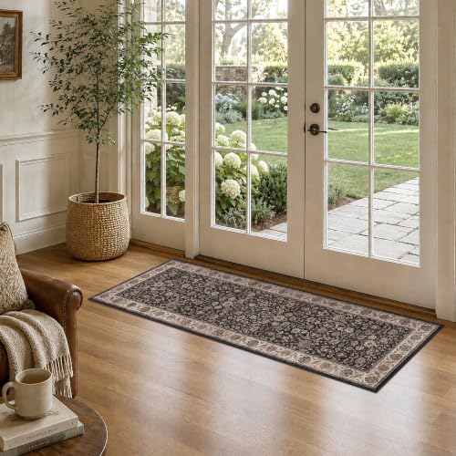 Washable 2x6 Kitchen Non-Slip Runner Rug Charcoal Beige Throw Carpet by HOME