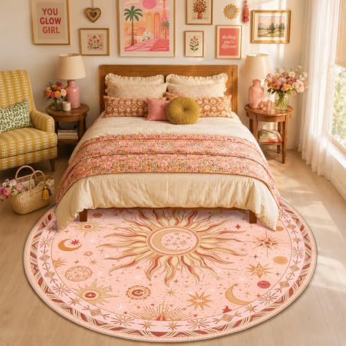 Vacuum-Friendly, Round 8ft Washable Area Rug, Pink Gold Beige Red by meejou