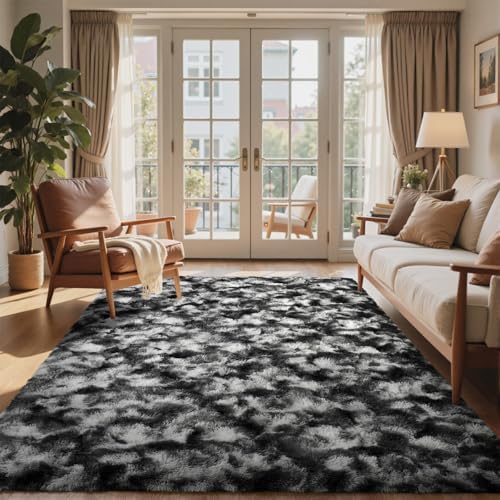 4x6 Ft Shag Area Rug for Bedroom Living Room, Tie-Dyed Ultra Soft Fluffy Furry Rugs for Indoor Floor, Aesthetic Carpet for Kids Home Decor (Black Grey) by Cuzwlovita