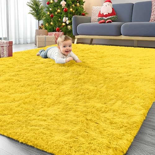 OLANLY 8x10 Machine Washable Large Area Rugs for Living Room, Bedroom, Soft Fluffy Shaggy Bedside Rug, Indoor Floor Carpet for Kids Girls and Boys, Dorms, Nursery, Home Decor Aesthetic, Yellow by OLANLY