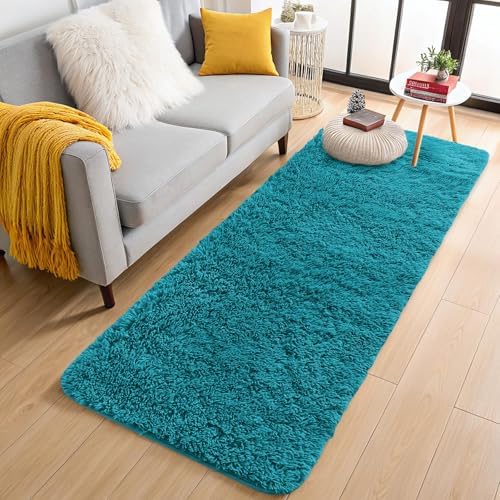 OLANLY 2x8 Machine Washable Runner Rugs for Hallway, Soft Fluffy Shaggy Bedside Rugs for Bedroom, Living Room, Indoor Floor Carpet for Kids Girls and Boys, Nursery Rooms, Home Decor Aesthetic, Teal by OLANLY