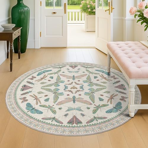 Insect Light Green 5ft Round Area Rug for Living Room - Washable Floral Fun Kids Rugs for Bedroom, Playroom, Boho & Butterfly Design - Low Pile Soft Circle Carpet - Image 3