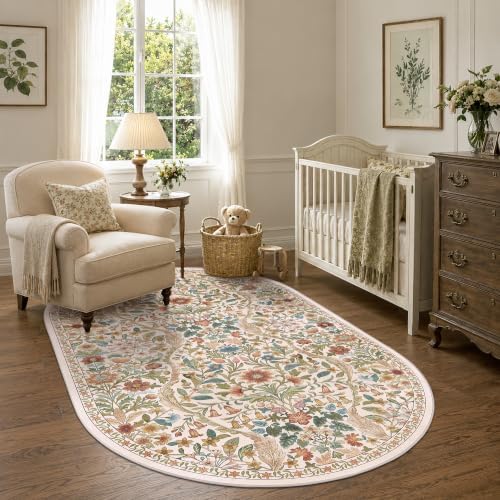 3x5 Oval Rug Washable Floral Print Rug Non-Slip Indoor Carpet - Image 3