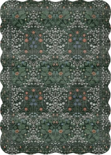 RUUGME Scalloped Runner Rug 2'6x12 Dark Green Washable Vintage Floral Rug by RUUGME