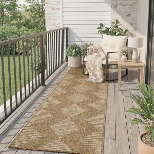 MontVoo-2x6 ft Indoor Outdoor Runner Rugs for Entryway Porch Hallway Kitchen Door Entrance Long, Textured Weave Polypropylene, Durable for High Traffic, Fade-Resistant, Boho Geometric Neutral Brown by MontVoo