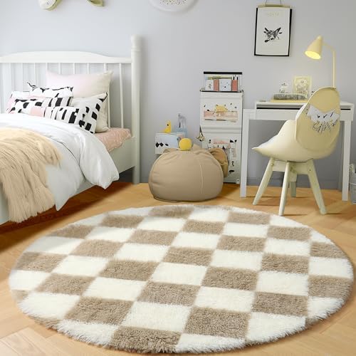 KICMOR Round Rugs 5ft for Bedroom Living Room, Fluffy Soft Circle Area Rug Fuzzy Shag Shaggy Carpet, Beige and Cream White Checkered Circular Rug for Kids Girls Boys Nursery Home Decor Aesthetic - Image 3