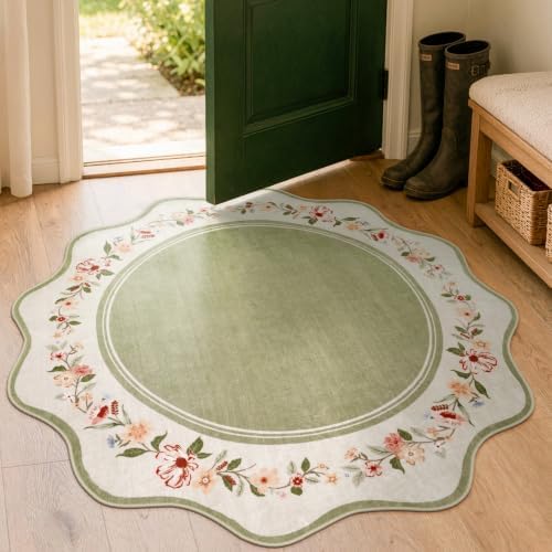 Lahome Round Kitchen Rug 4ft, Green Scalloped Floral Rug - Image 3