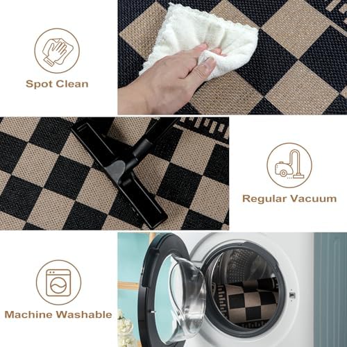 Checkered Easy Jute Entryway Rug, 2x3 Washable Non Slip Kitchen Rug, Indoor Outdoor Door Mat, Farmhouse Low Pile Floor Black Rugs for Porch Doorway - Image 5